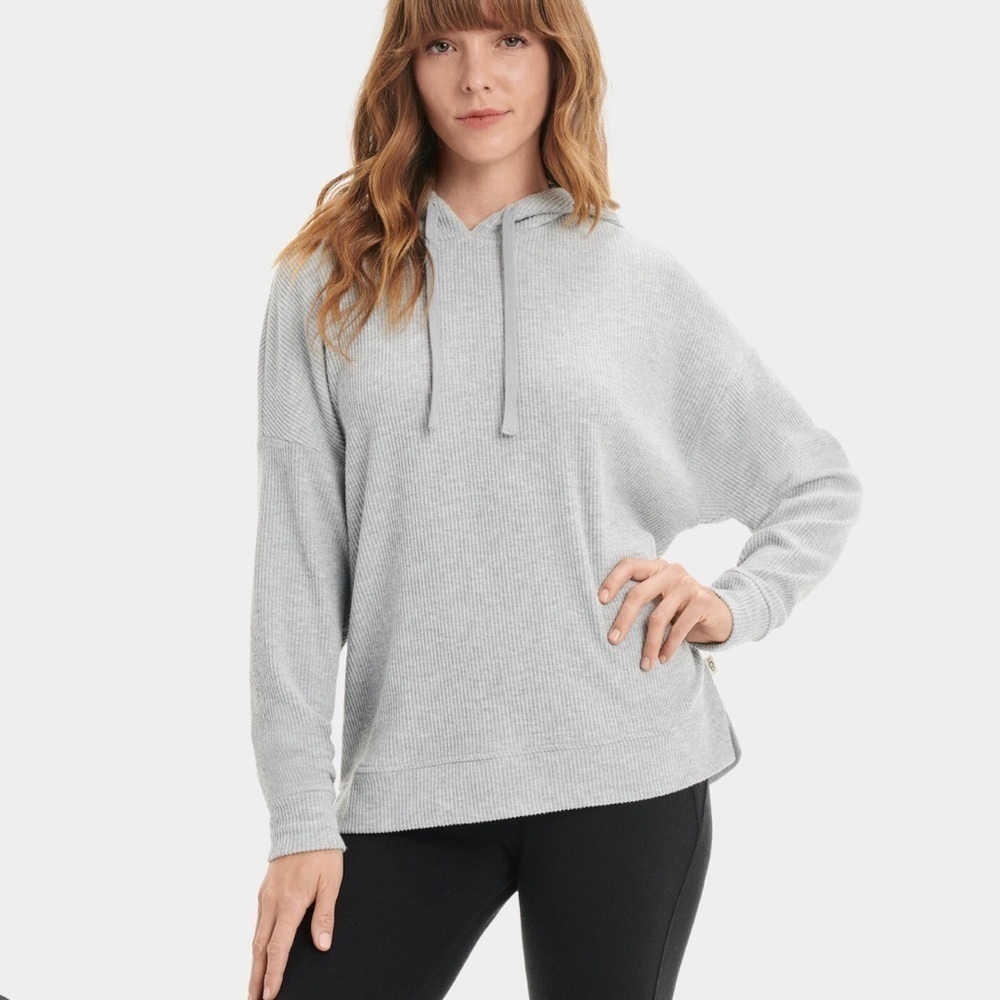 UGG Kyree Rib Knit Hoodie Grey Size Medium Womenβs Relaxed Fit Cozy Comfortable